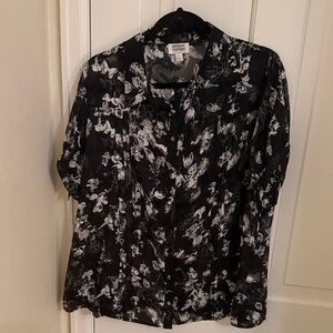Unique Vintage Black & White Floral Sheer Button-Up Blouse